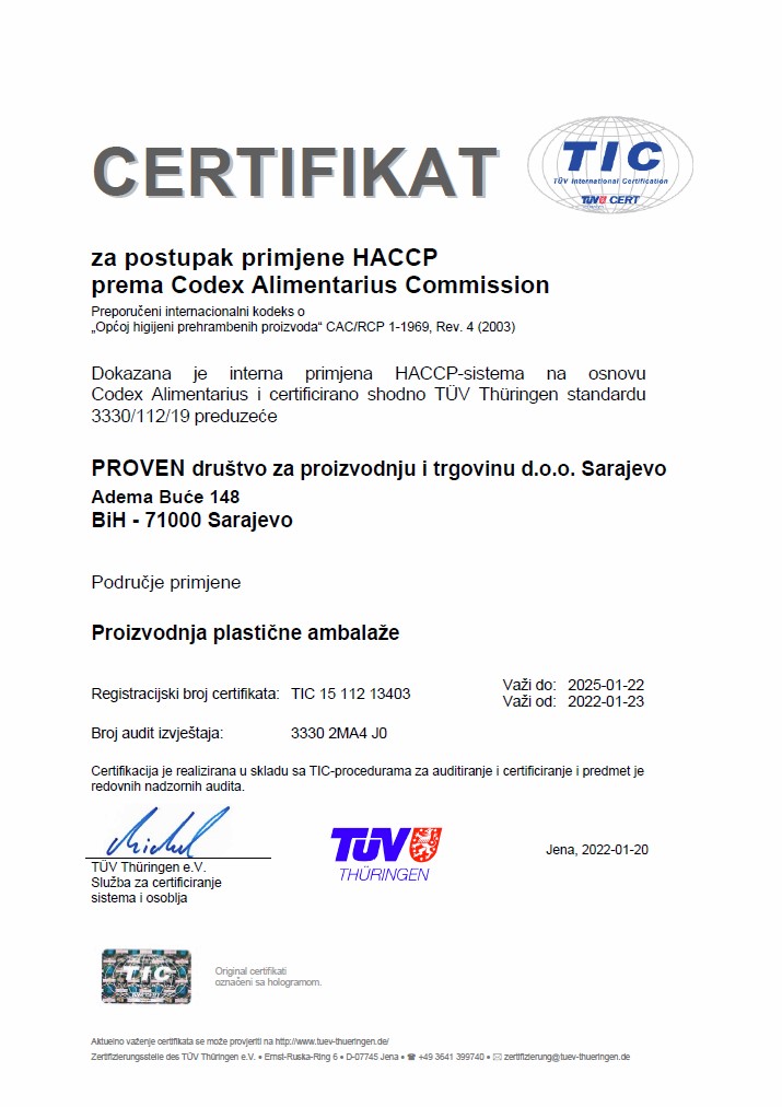 Certifikat za sistem upravljanja na osnovu HACCP