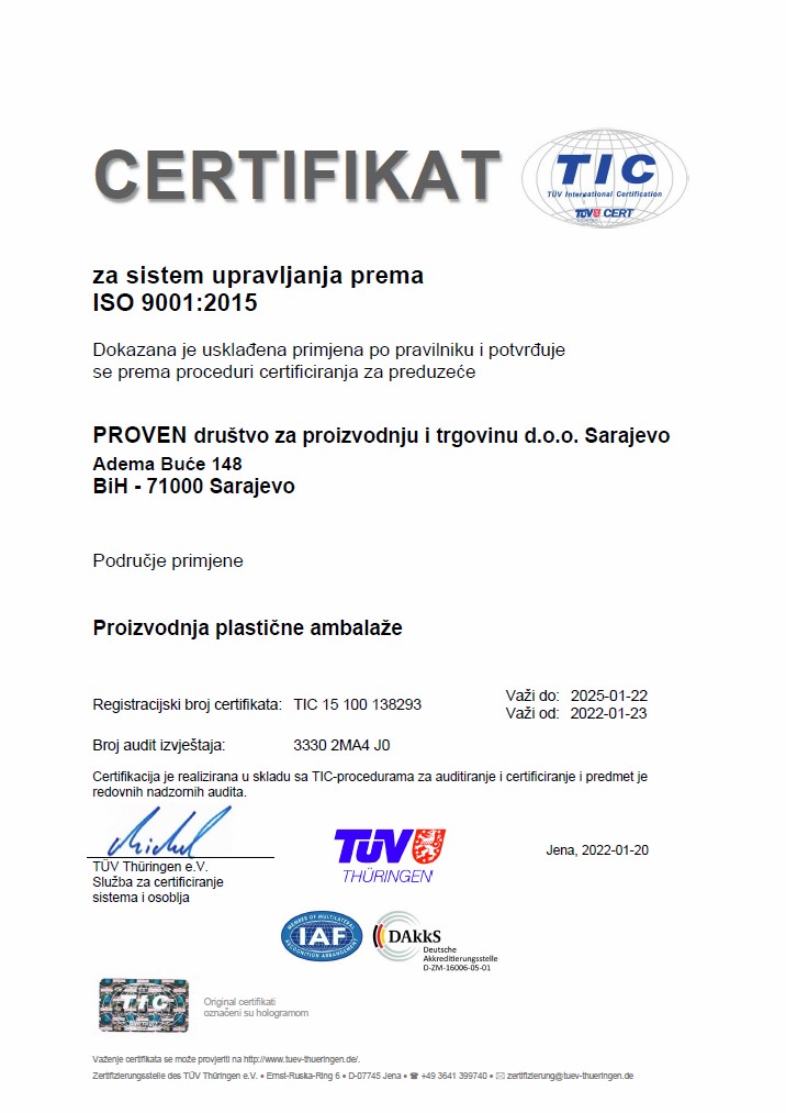 Certifikat za sistem upravljanja prema ISO 9001:2015